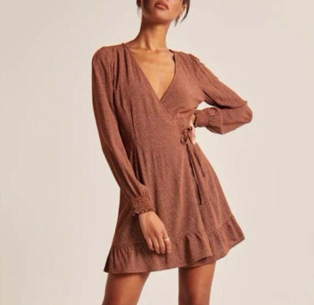 Abercrombie & Fitch Polka Dot Long Sleeve Romantic Wrap Dress Orange XL